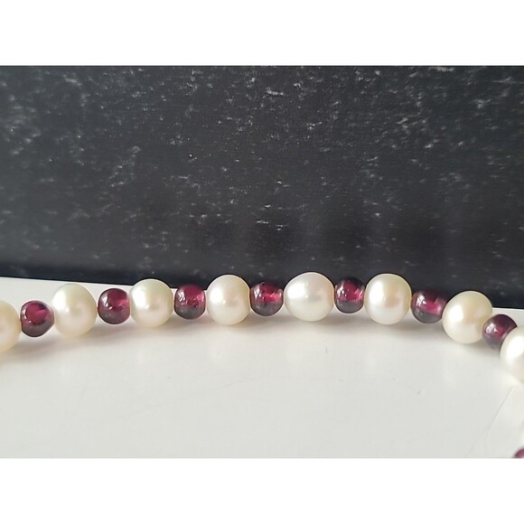 925 Sterling Silver Pearl & Garnet Beaded Bracelet With Heart & Amethyst Charms - Picture 7 of 10